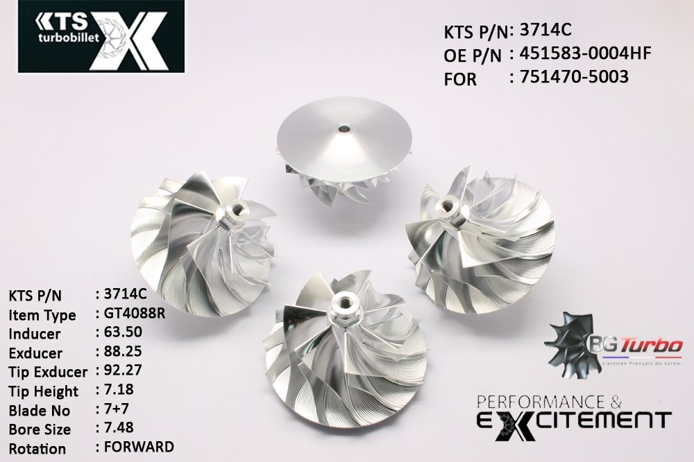 Turbo ROUE FORGÉE MFS PERFORMANCE - 7+7 PALES - INDUCER : 63,5 - EXDUCER : 88,25 - TYPE : GT4088RANGLE : 50° - ROTATION : Forward - SUPER BACK : 5,3 - BORE SIZE : 7,48
